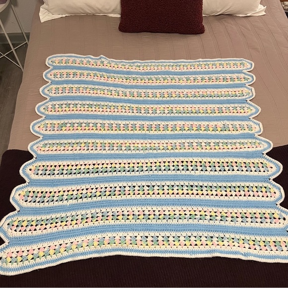 Handmade Crochet Baby Blanket with Blue and Pastel Stripes - Picture 2 of 2